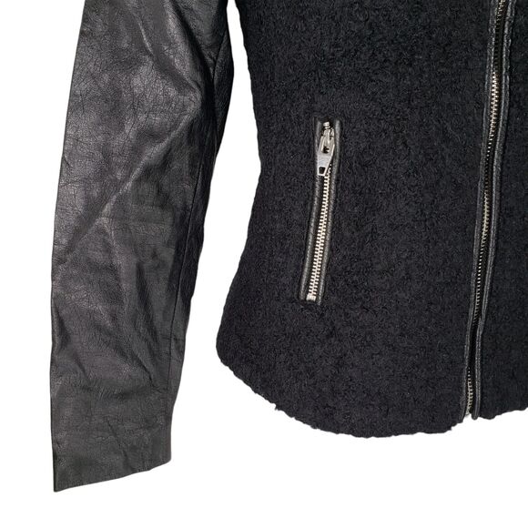 H&M sz 2 Womens Moto Jacket 2Wool Faux Leather Black Full Zip Up Zip Pockets - Picture 12 of 12